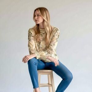 DownEast Floral Print Blouse - w/Keyhole Button Closure Feminine & Delicate XL